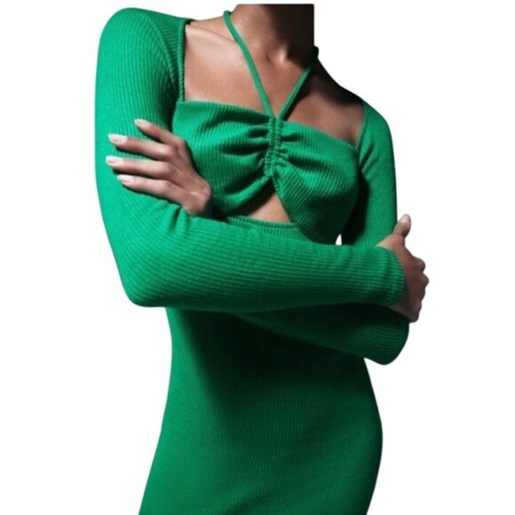 Zara Green LS Ribbed Cut-Out Stretch Midi Dress Size M Bodycon - Picture 5 of 13